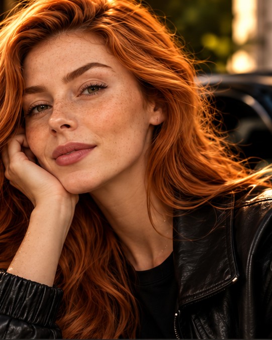 Beatriz Guedes, influenciadora virtual ruiva, em retrato editorial